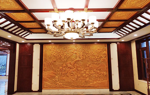 盘县中式别墅客厅中式木作横梁吊顶装饰展示